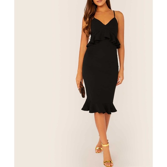 Black Ruffle Peplum Cami Bodycon Midi Dress - Picture 5 of 6